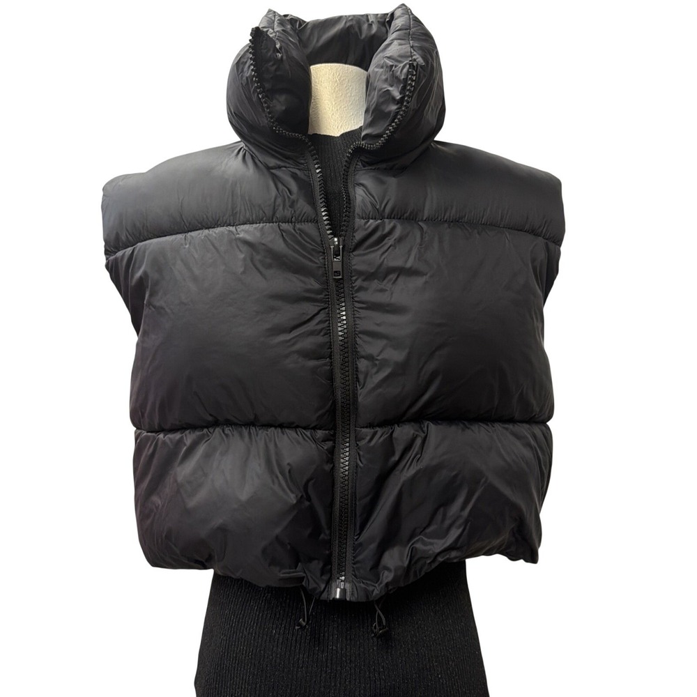Women Black Puffer Vest Cropped Sleeveless Zip Up Quilted Jacket XL